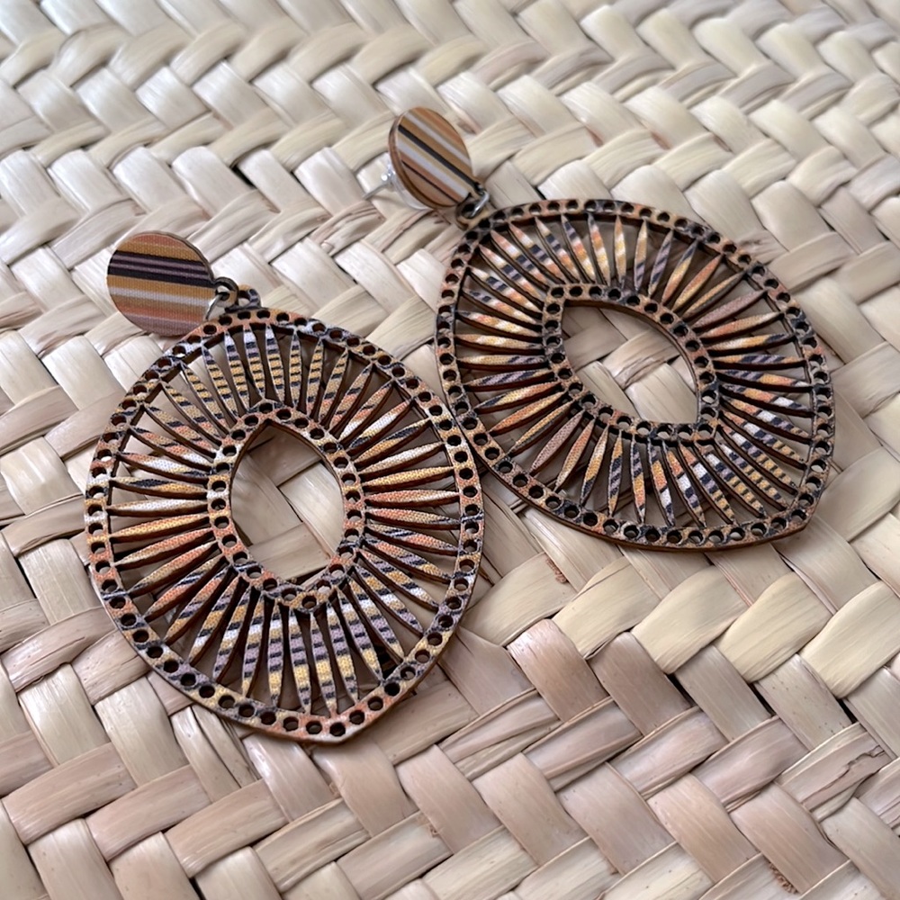 New, very lightweight wood fabric covered earrings.  Approx 3”x2”